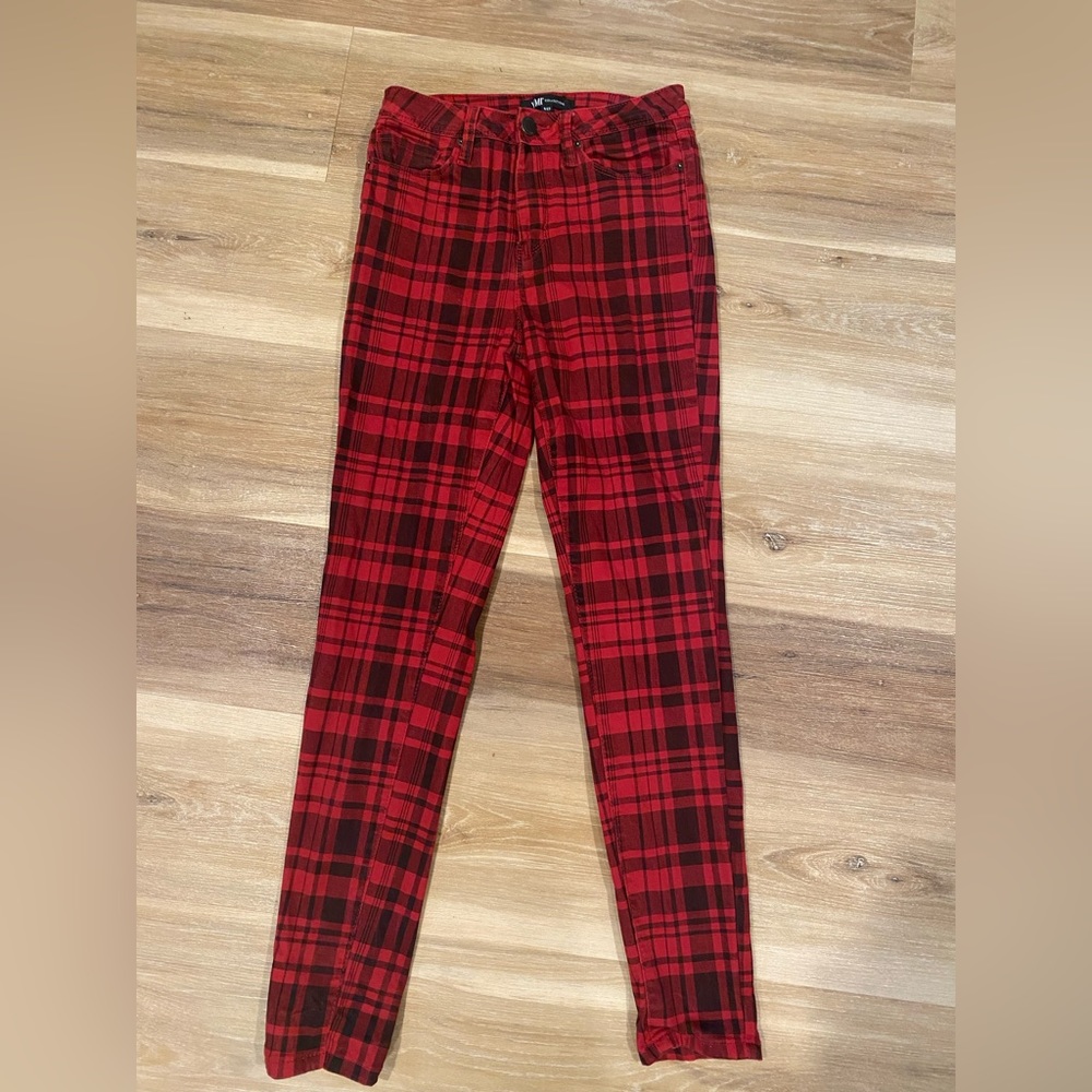 Red plaid skinny jeans